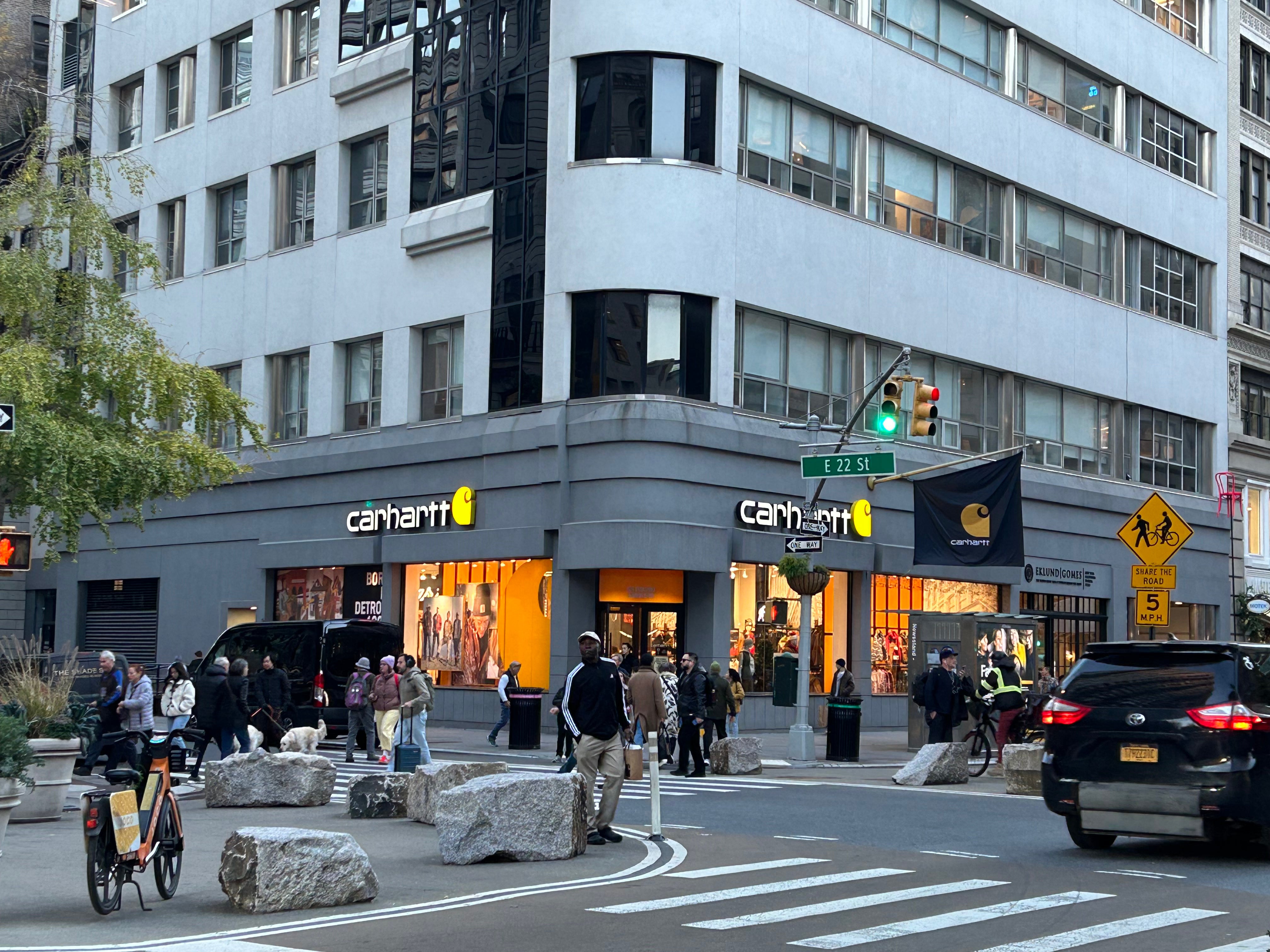 WeatherWool is very interested to see, in November of 2025, a Filson billboard across the street from a Carhartt retail store on Broadway at 22nd Street in Midtown Manhattan, New York City. Photo credits THANKS JR MORRISSEY/Factory8