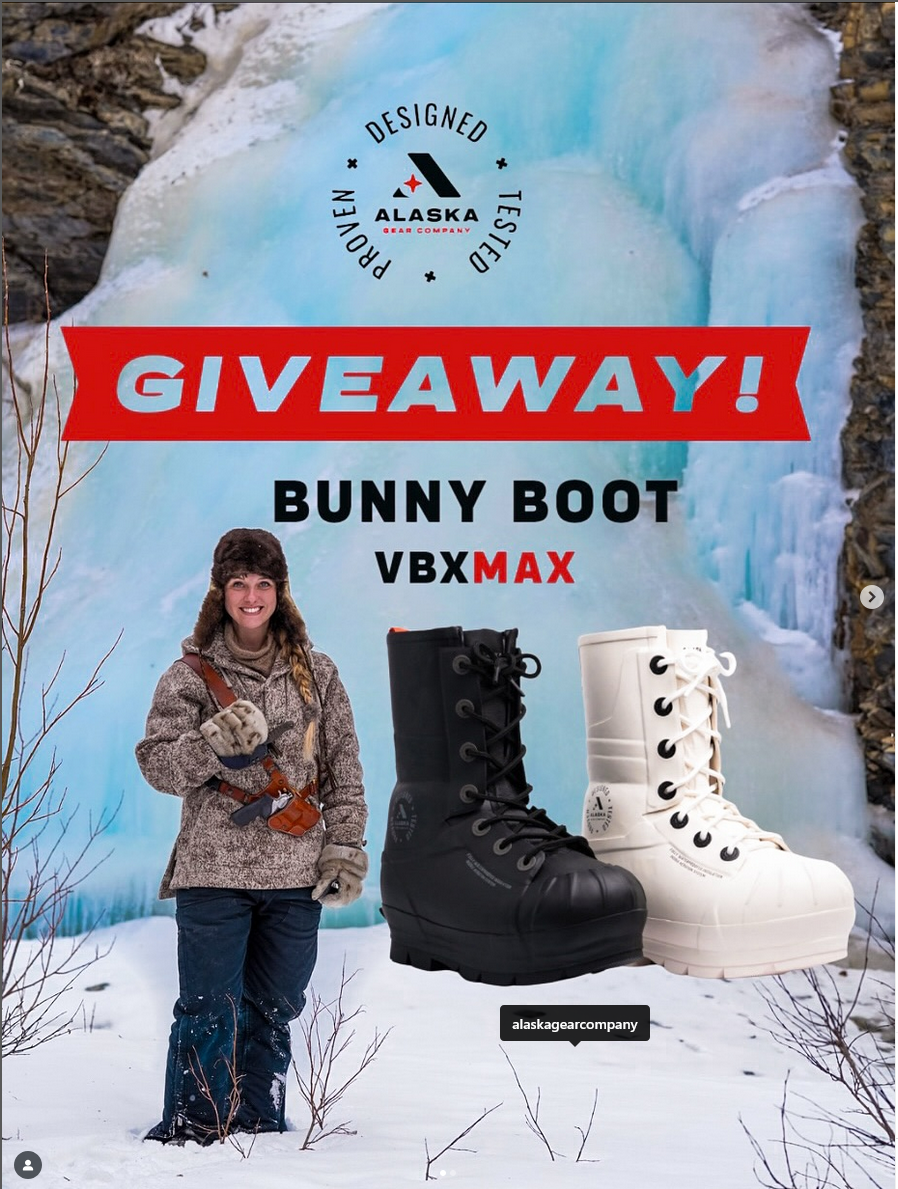 Friend of WeatherWool and Mountain Man (Woman!!) Ivy O'Guinn Bohn wearing her Lynx Pattern Anorak in an ad for a Bunny Boots giveaway offered by the Alaska Gear Company.
